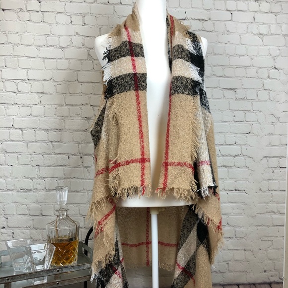 Jackets & Blazers - O diva Odiva Plaid Open Weave Vest Beige/BLK/Red